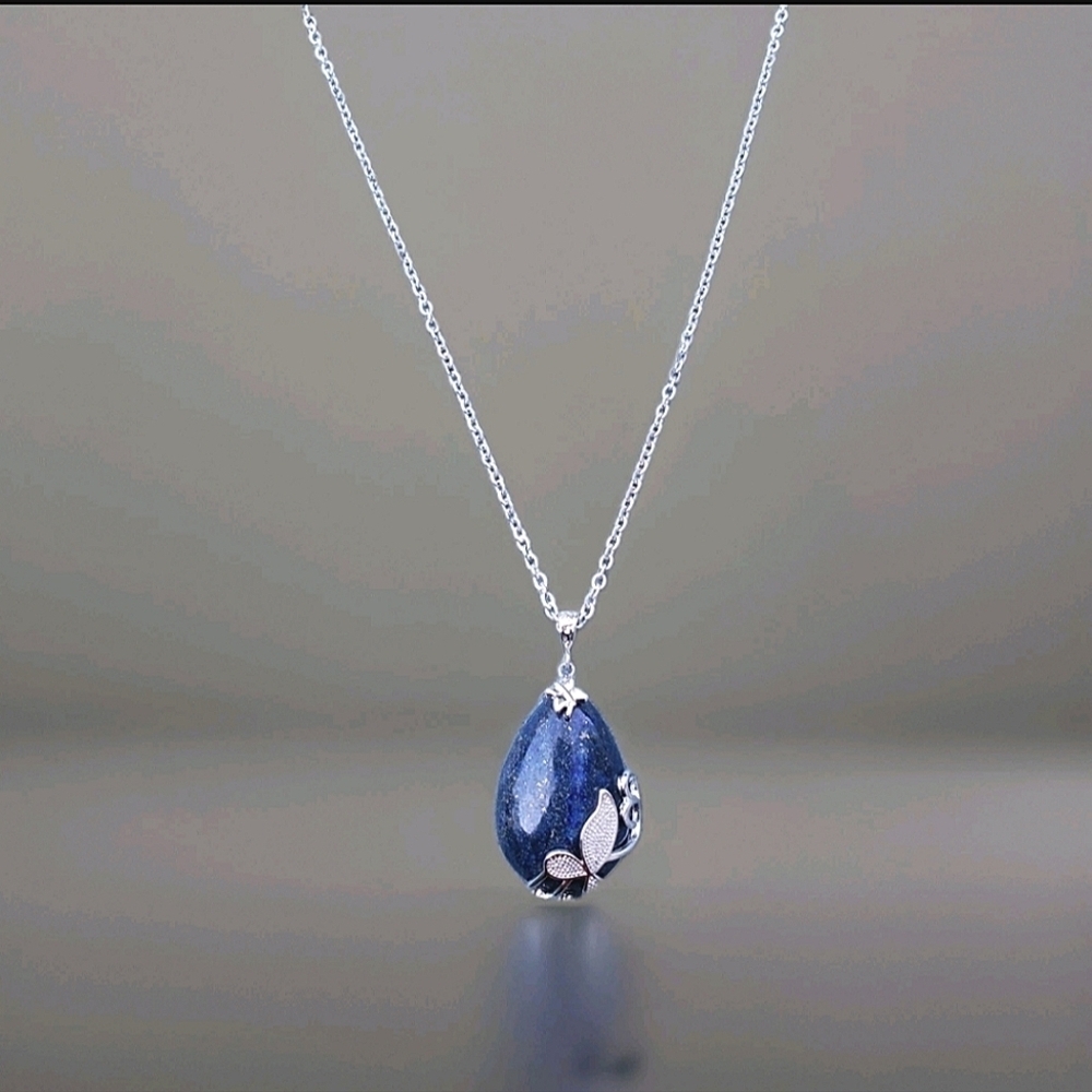 Lapis Lazuli Butterfly Floral Stainless Steel Necklace